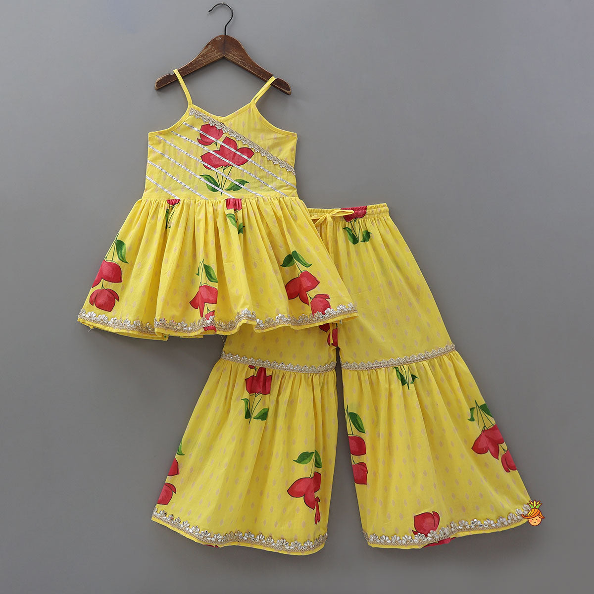 Pre Order: Vibrant Floral Strappy Peplum Top With Sharara And Dupatta