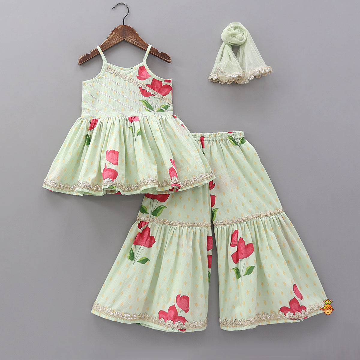 Pre Order: Floral Strappy Peplum Top With Sharara And Dupatta