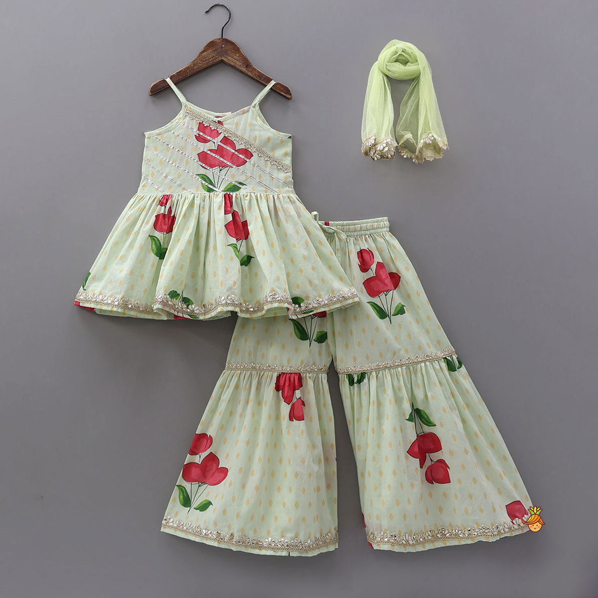 Pre Order: Floral Strappy Peplum Top With Sharara And Dupatta