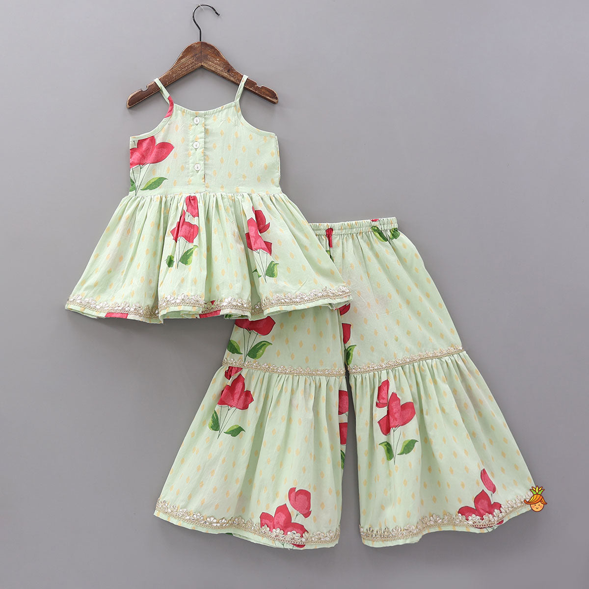 Pre Order: Floral Strappy Peplum Top With Sharara And Dupatta