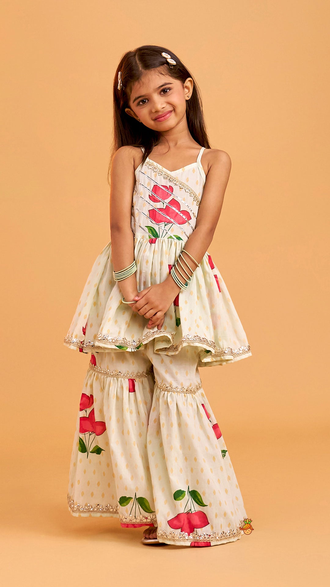 Pre Order: Floral Strappy Peplum Top With Sharara And Dupatta