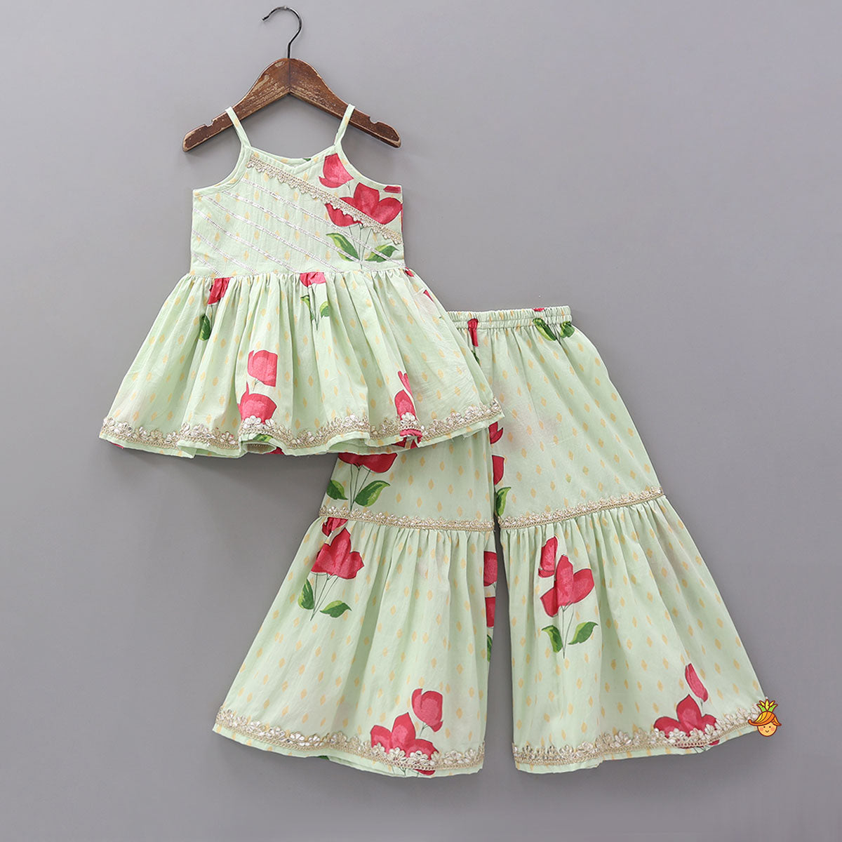 Pre Order: Floral Strappy Peplum Top With Sharara And Dupatta
