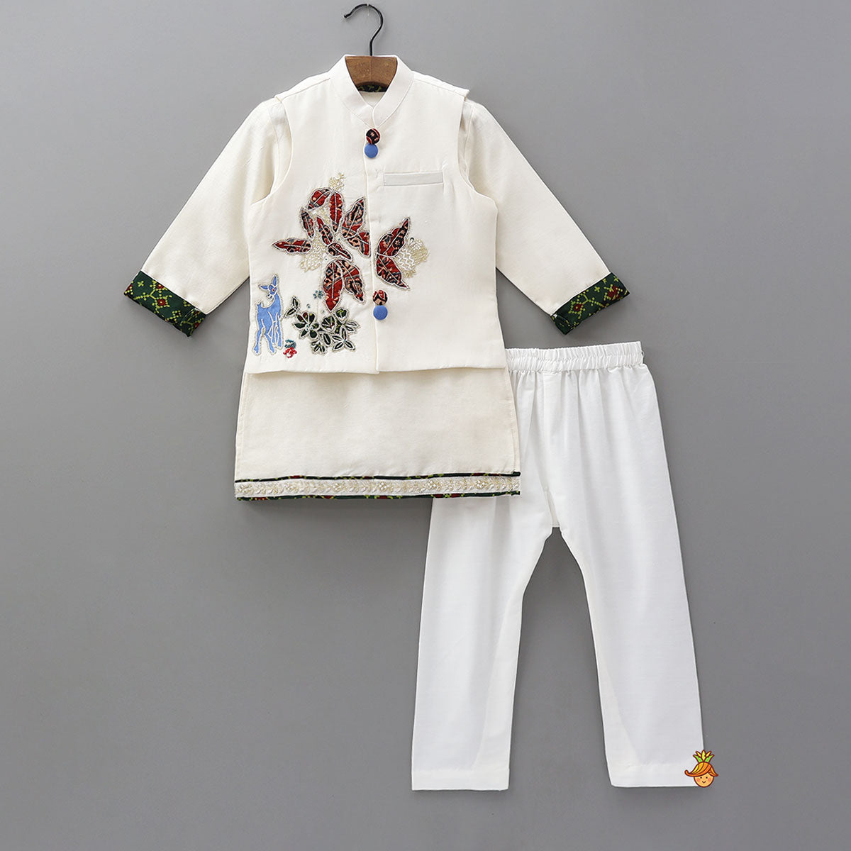 Pre Order: Ethnic Kurta With Patch Work Jacket And Pyjama