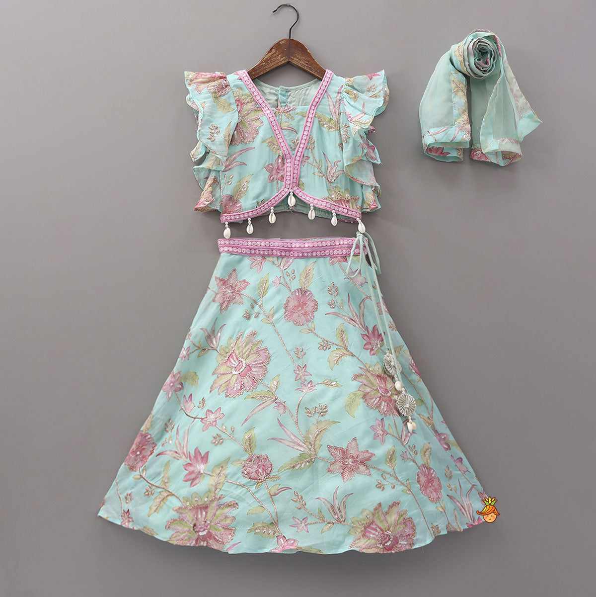 Pre Order: Floral Printed And Embroidered Top With Matching Lehenga And Dupatta