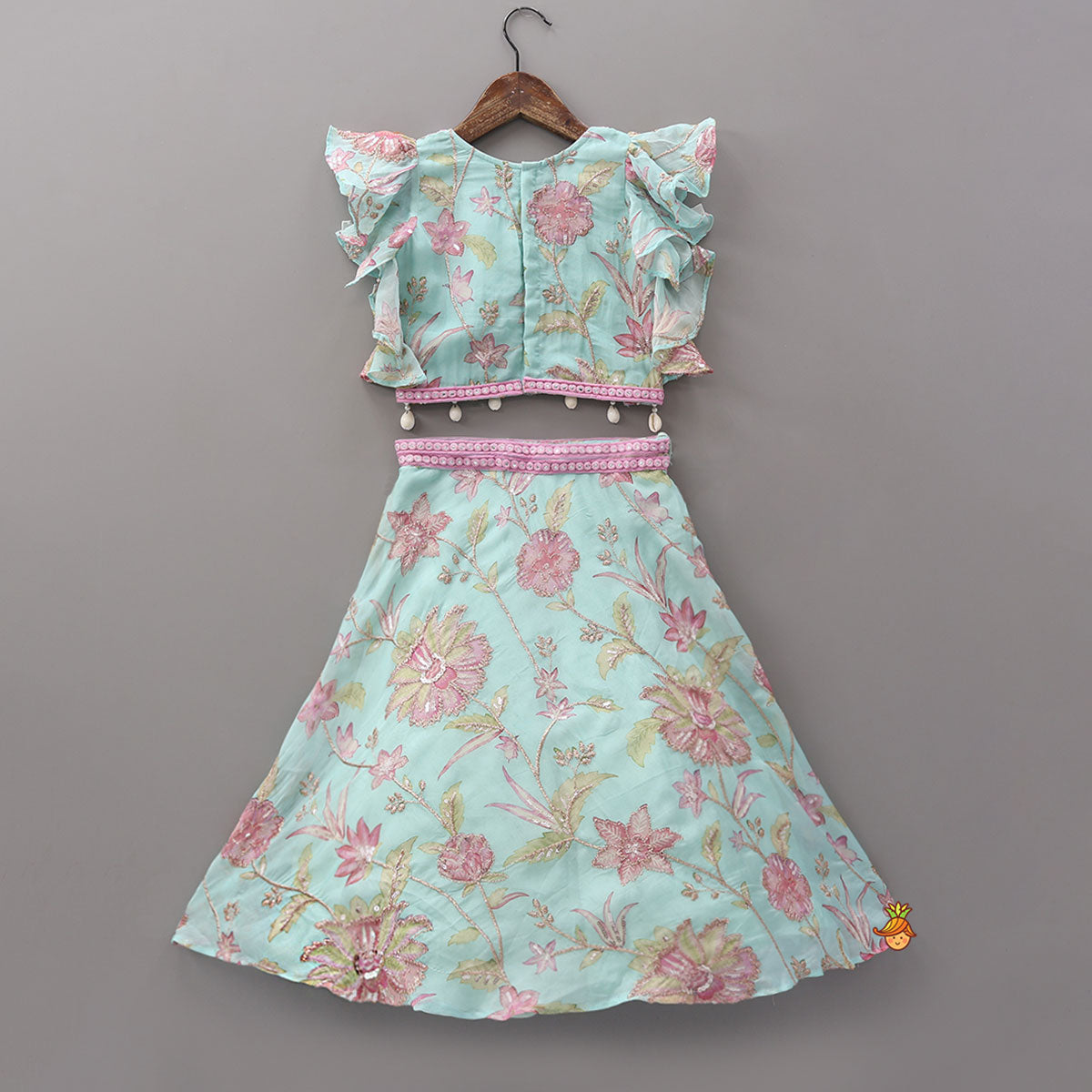 Pre Order: Floral Printed And Embroidered Top With Matching Lehenga And Dupatta