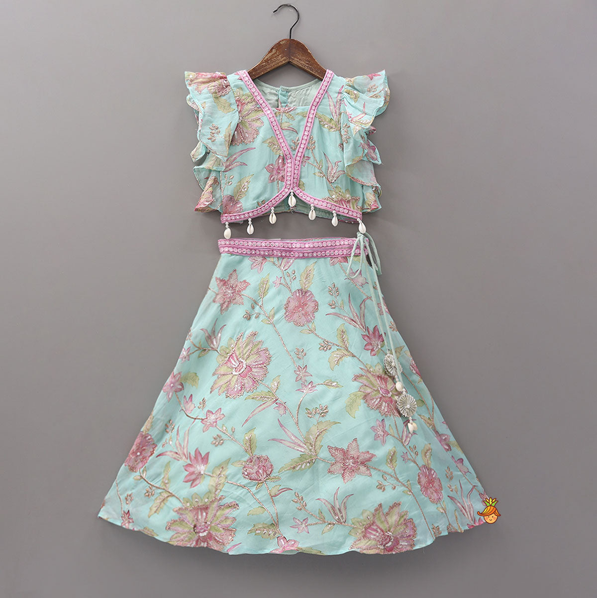 Pre Order: Floral Printed And Embroidered Top With Matching Lehenga And Dupatta