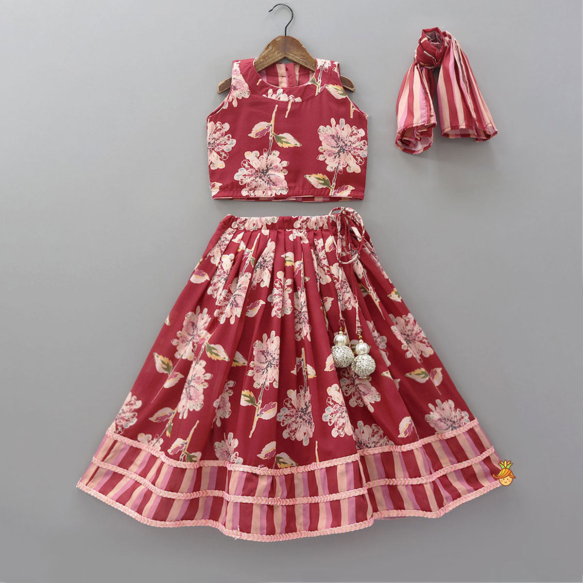 Pre Order: Floral Printed Crop Top And Lehenga With Dupatta