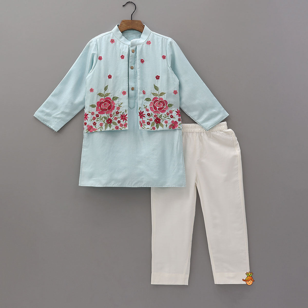 Pre Order: Floral Embroidered Jacket Style Kurta With Pyjama