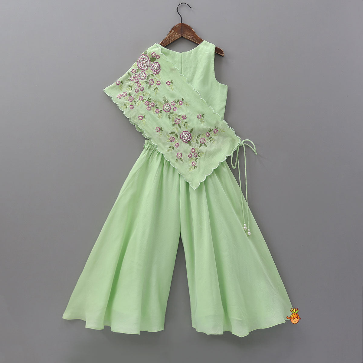 Pre Order: Floral Hand Embroidered Top With Flared Palazzo And Attached Dupatta