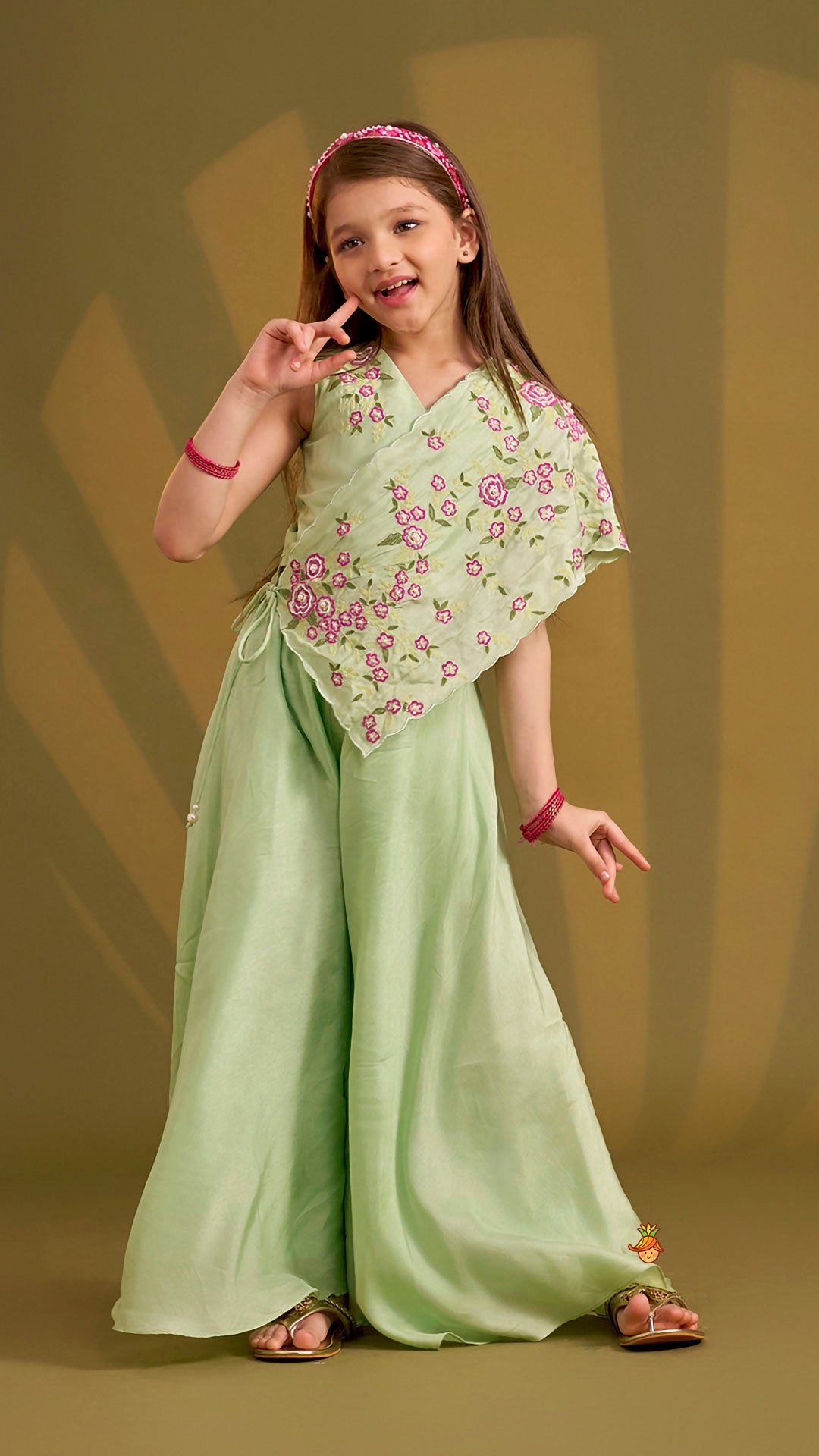 Pre Order: Floral Hand Embroidered Top With Flared Palazzo And Attached Dupatta