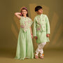 Ethnic Silk Kurta With Floral Embroidered Jacket And Pyjama twinning model image 1