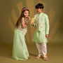 Ethnic Silk Kurta With Floral Embroidered Jacket And Pyjama twinning model image 2