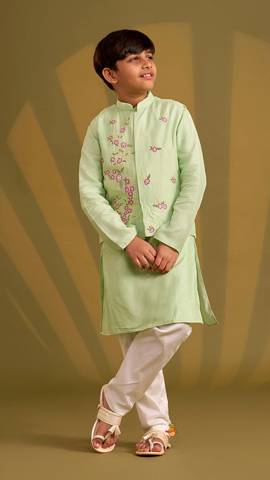 Pre Order: Ethnic Silk Kurta With Floral Embroidered Jacket And Pyjama