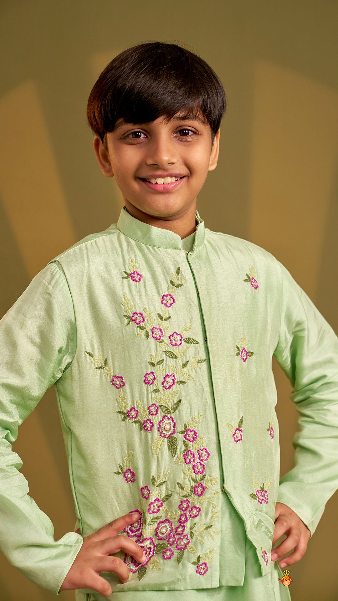 Pre Order: Ethnic Silk Kurta With Floral Embroidered Jacket And Pyjama