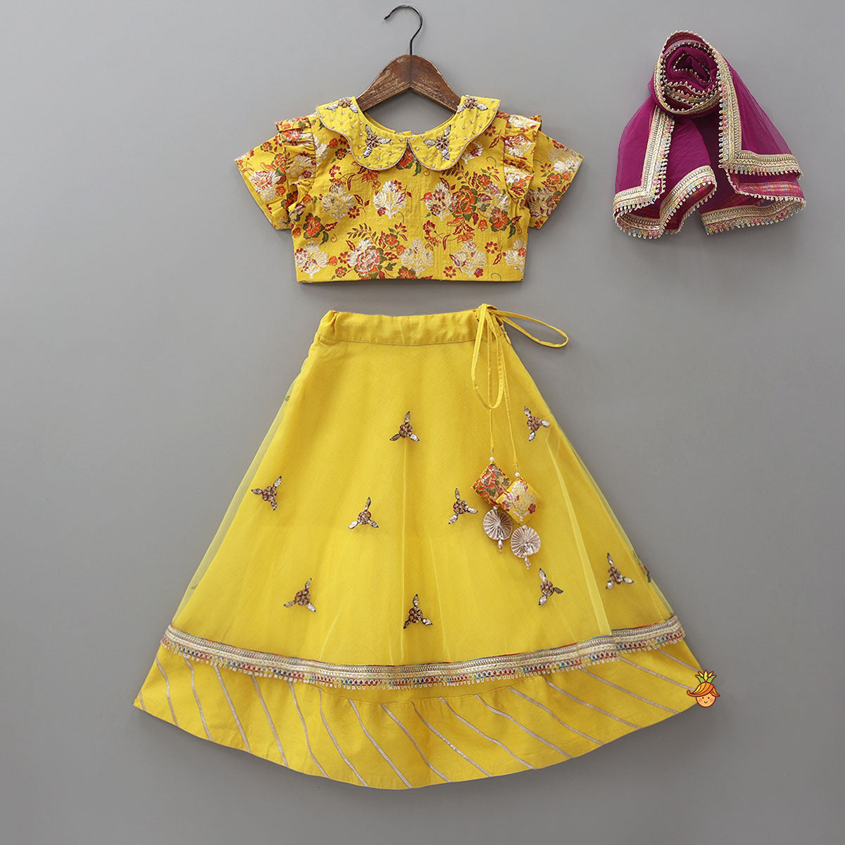 Pre Order: Peter Pan Collar Floral Crop Top With Lehenga And Net Dupatta