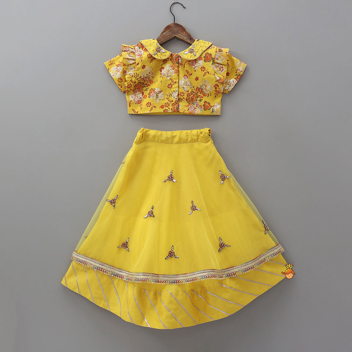 Pre Order: Peter Pan Collar Floral Crop Top With Lehenga And Net Dupatta