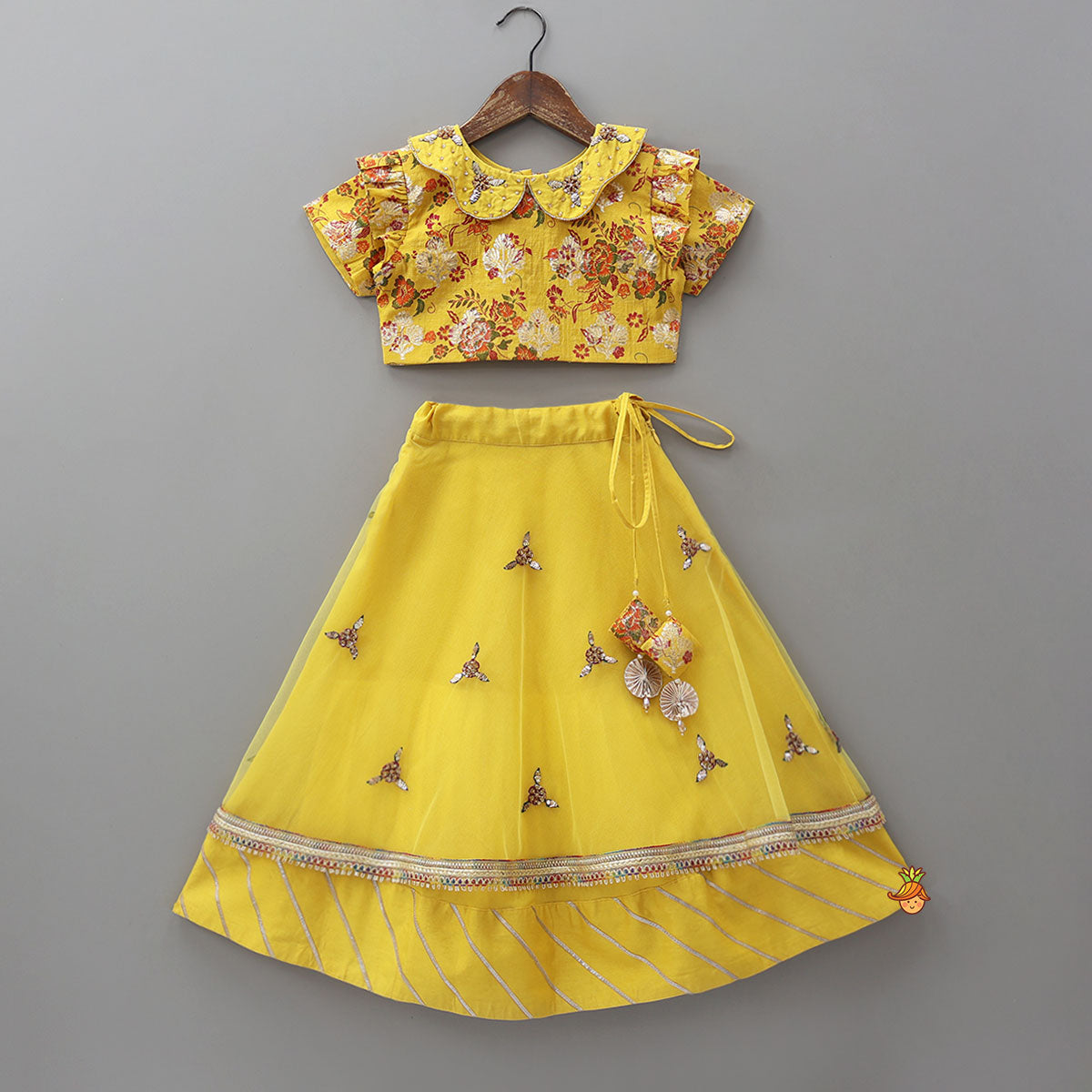Pre Order: Peter Pan Collar Floral Crop Top With Lehenga And Net Dupatta