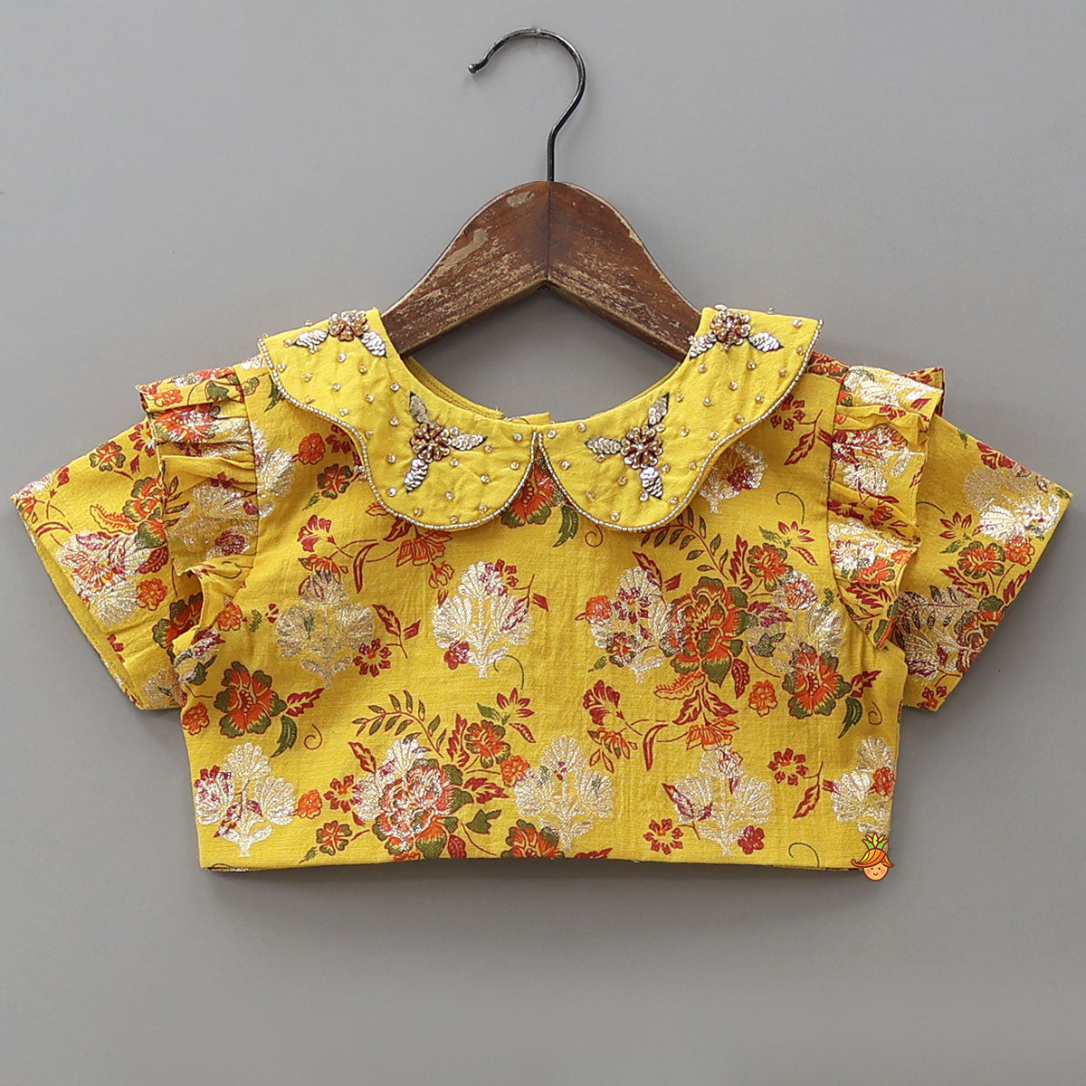 Pre Order: Peter Pan Collar Floral Crop Top With Lehenga And Net Dupatta