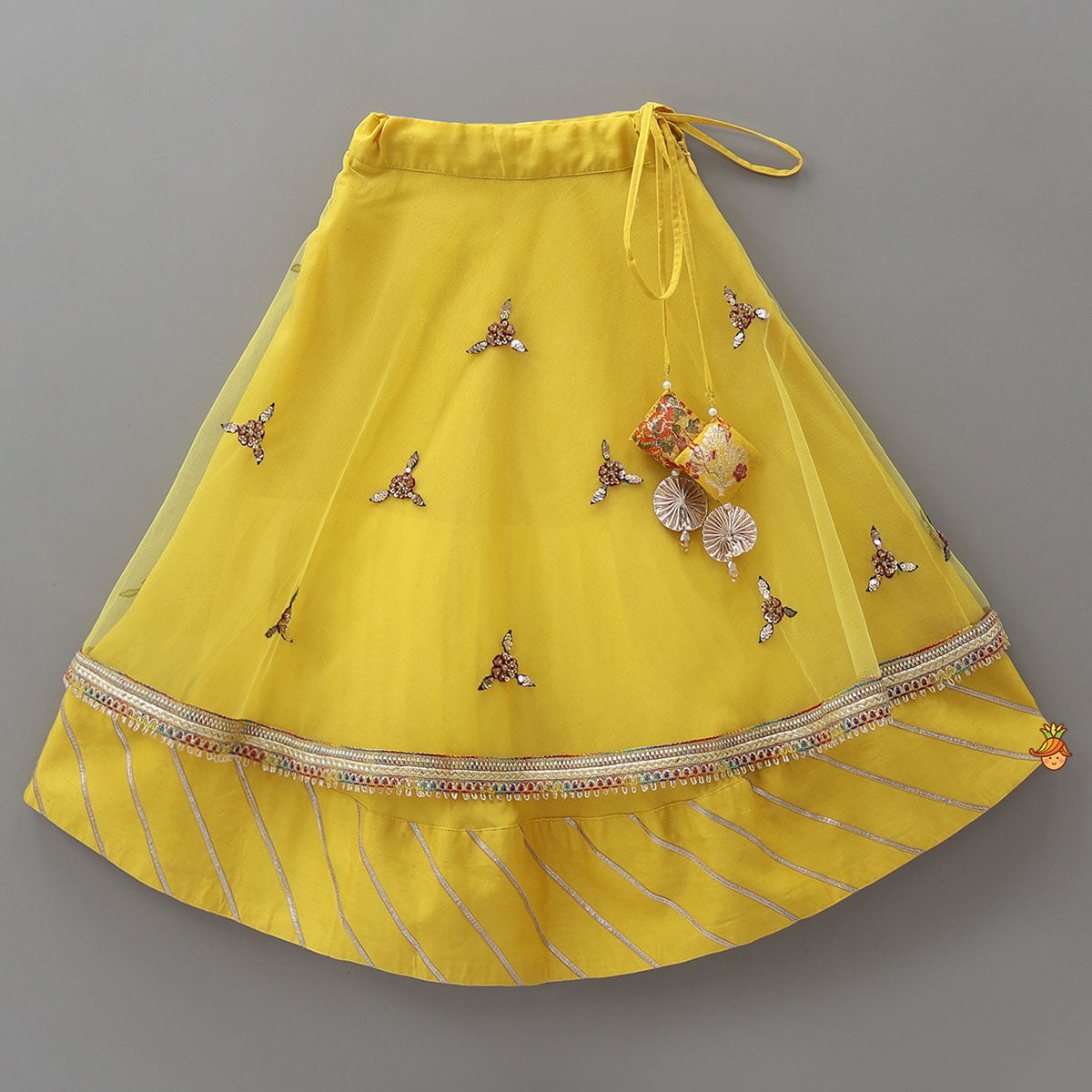 Pre Order: Peter Pan Collar Floral Crop Top With Lehenga And Net Dupatta