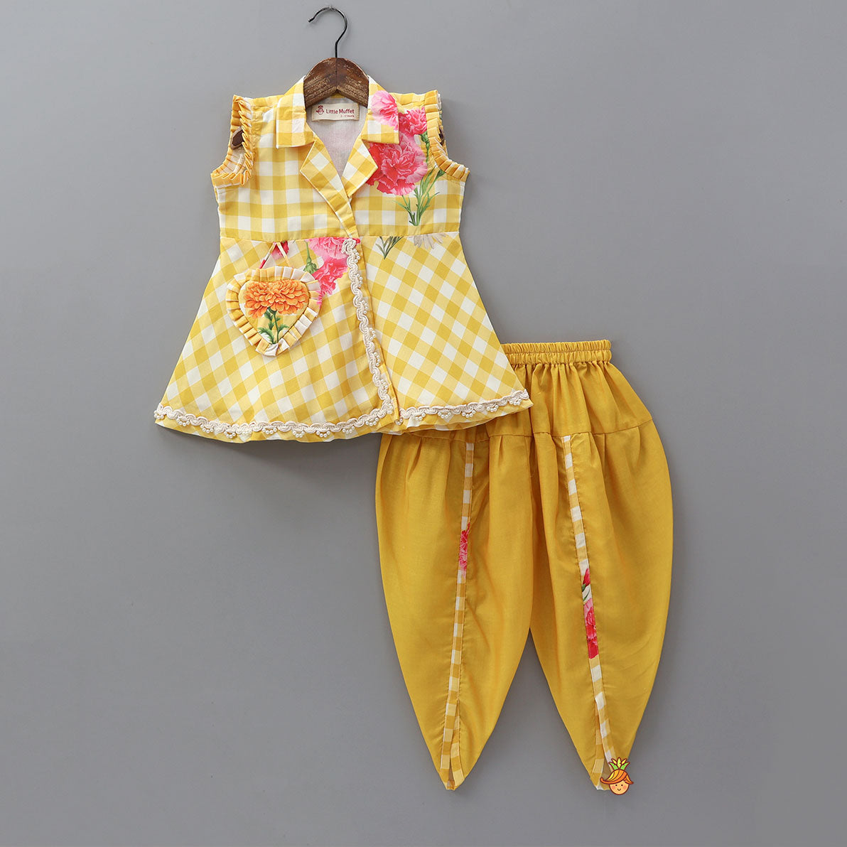 Checkered Printed Notched Collar Top With Dhoti Pant