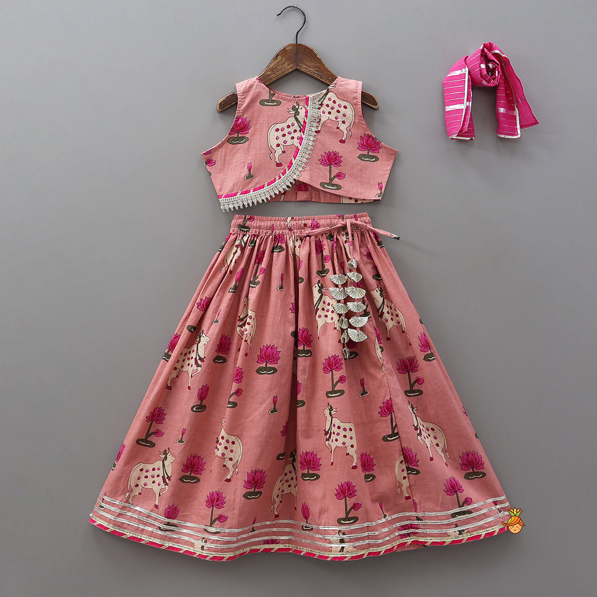 Crop Top And Lehenga With Lurex Striped Dupatta