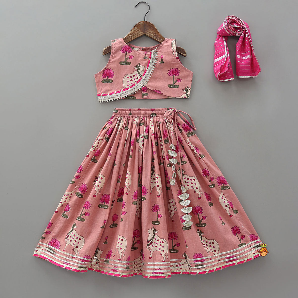 Crop Top And Lehenga With Lurex Striped Dupatta