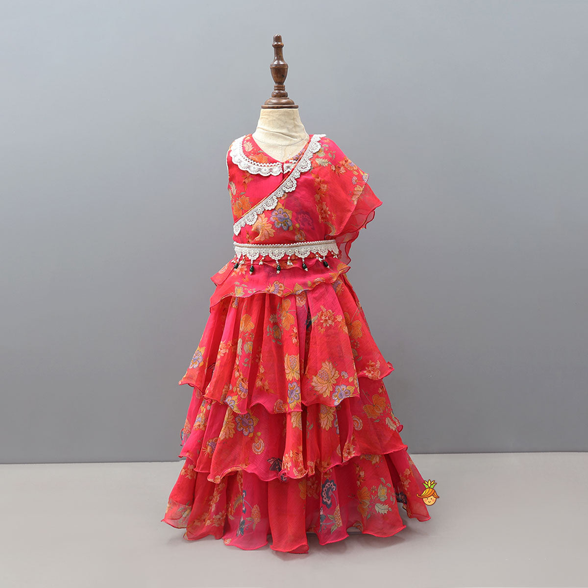 Pre Order: Floral Draped Overlay Top With Lehenga And Waistbelt