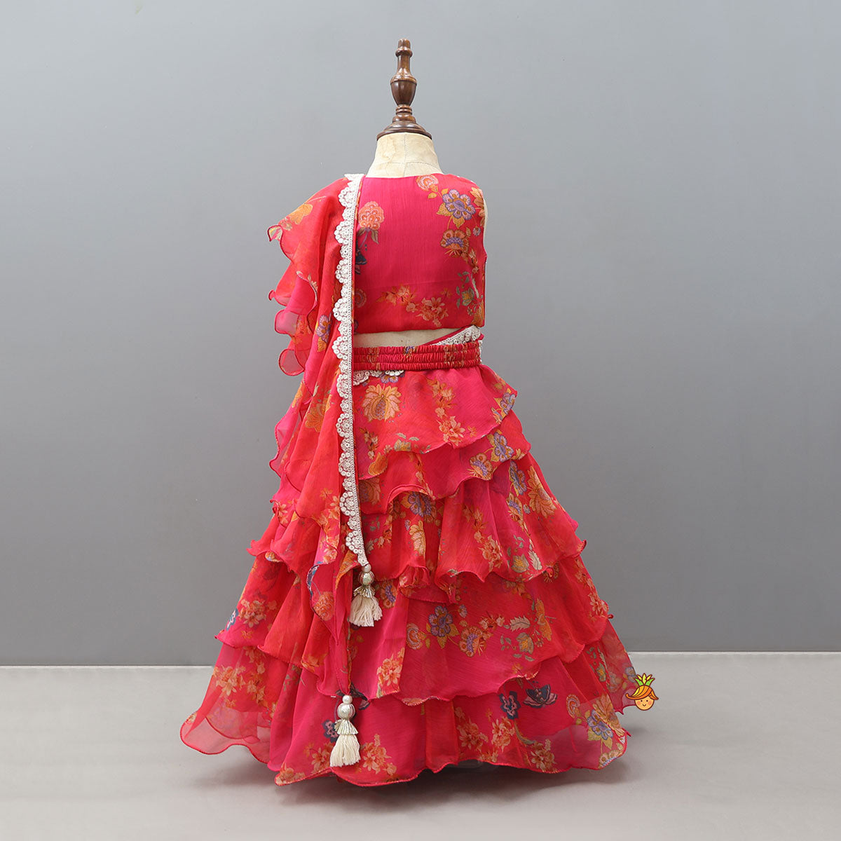 Pre Order: Floral Draped Overlay Top With Lehenga And Waistbelt