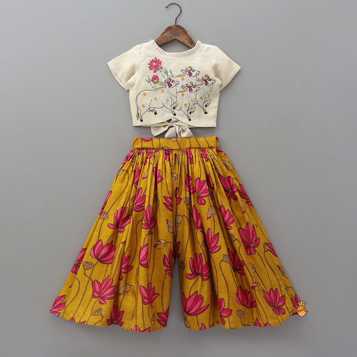 Pre Order: Cow and Floral Motif Embroidered Top With Palazzo