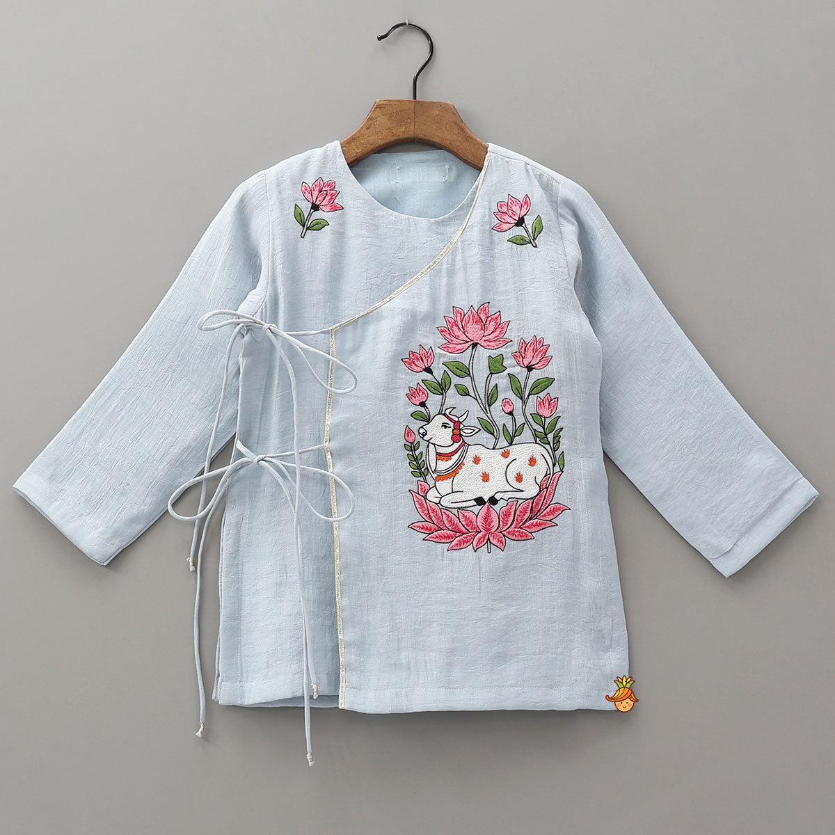 Pre Order: Hand Embroidered Angarakha Style Kurta And Dhoti