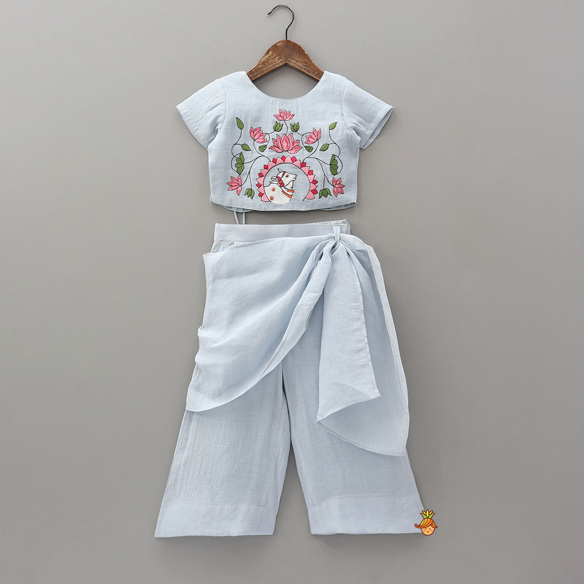 Pre Order: Hand Embroidered Tie Up Crop Top With Drape Style Palazzo