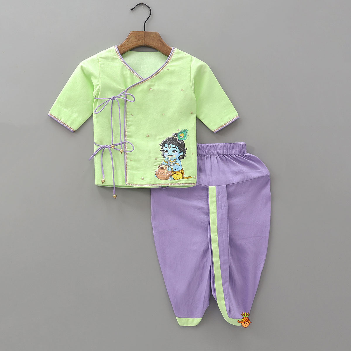 Pre Order: Hand Painted Krishna Motif Kurta And Dhoti With Morpankh Mukut And Basuri