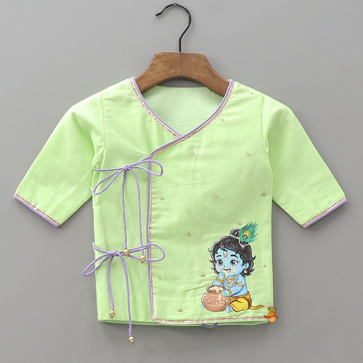 Pre Order: Hand Painted Krishna Motif Kurta And Dhoti With Morpankh Mukut And Basuri