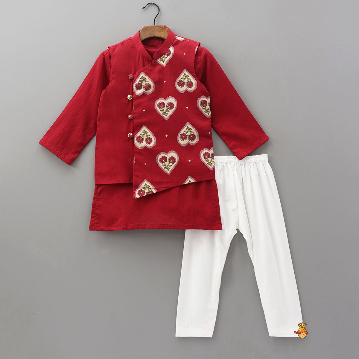 Pre Order: Asymmetric Heart Motif Printed Overlay Kurta With Jacket and Pyjama