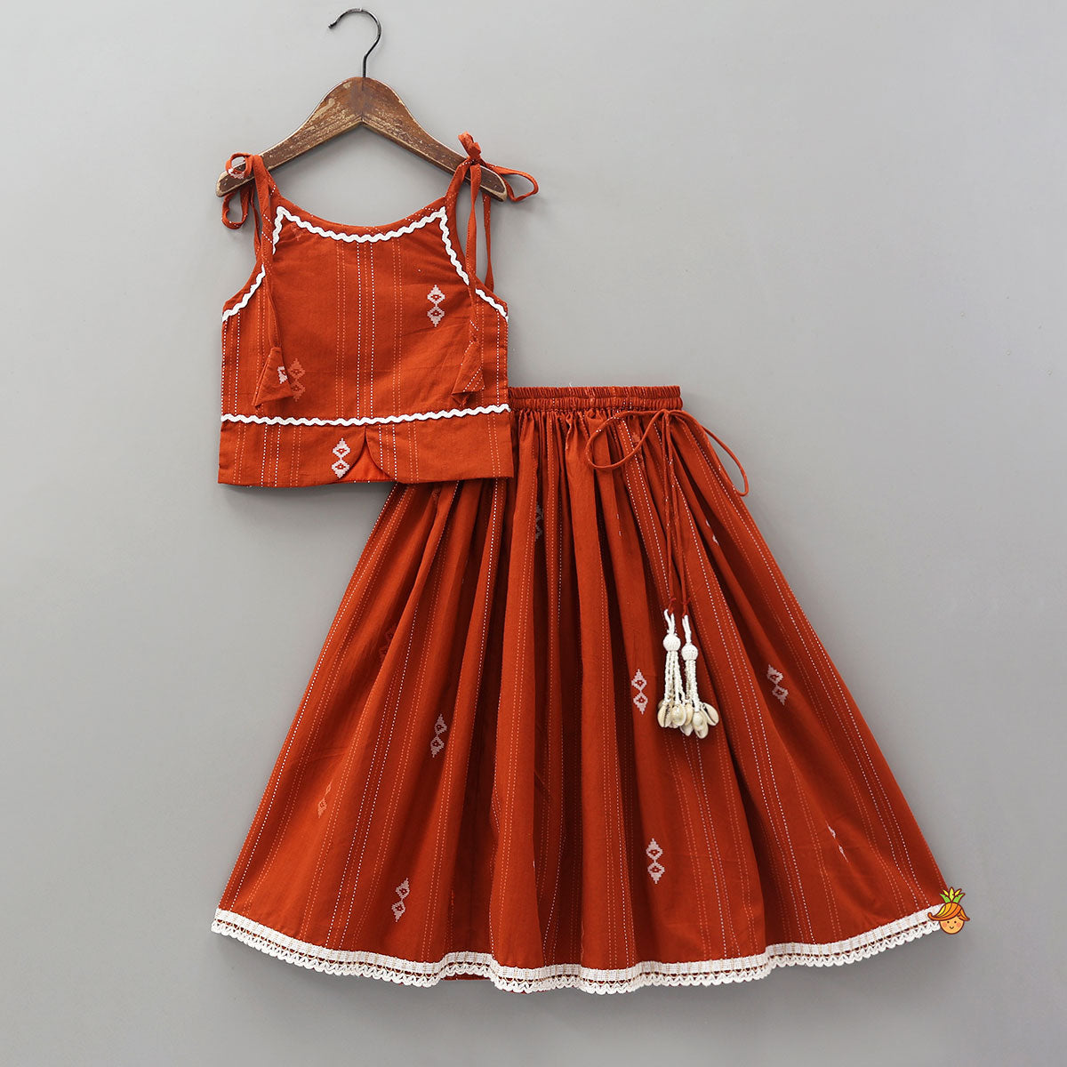 Pre Order: Lace Detailed Tie-Up Printed Crop Top And Lehenga