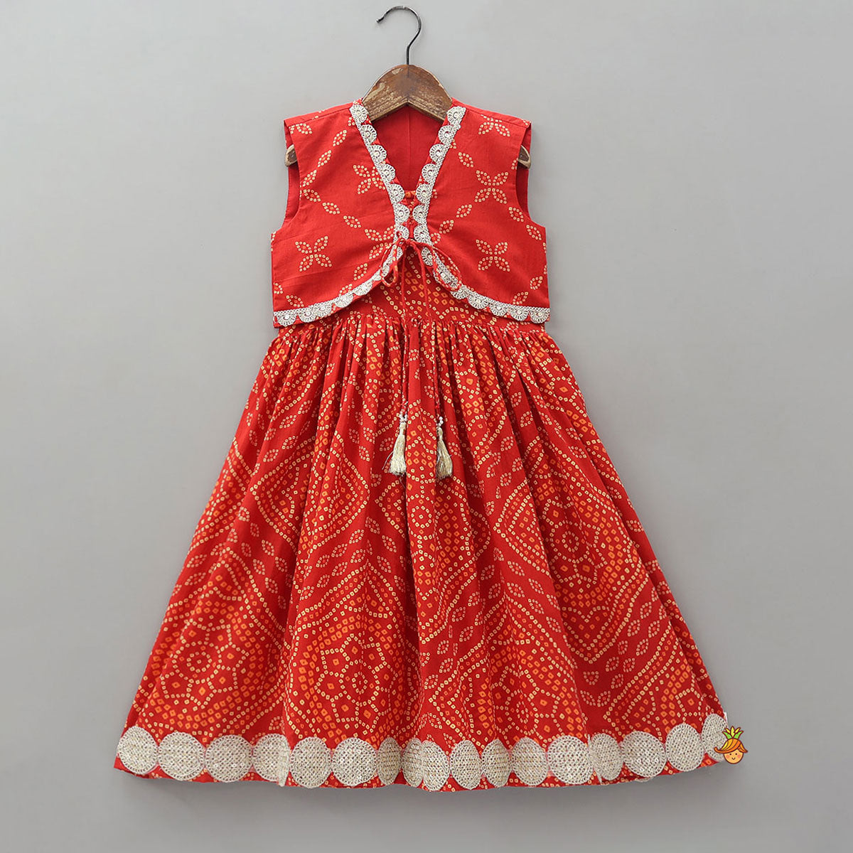 Pre Order: Bandhani Print Gota Lace Detailed Kurti With Jacket