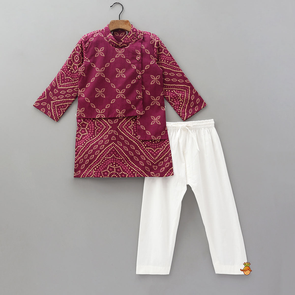 Pre Order: Bandhani Inspired Print Kurta With Attached Asymmetric Jacket And Pyjama