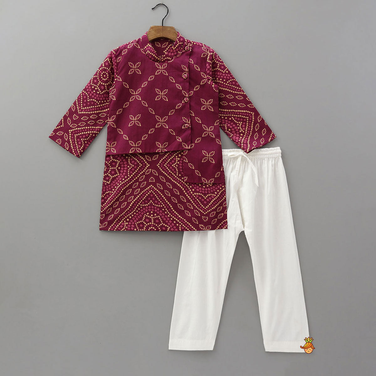 Pre Order: Bandhani Inspired Print Kurta With Attached Asymmetric Jacket And Pyjama