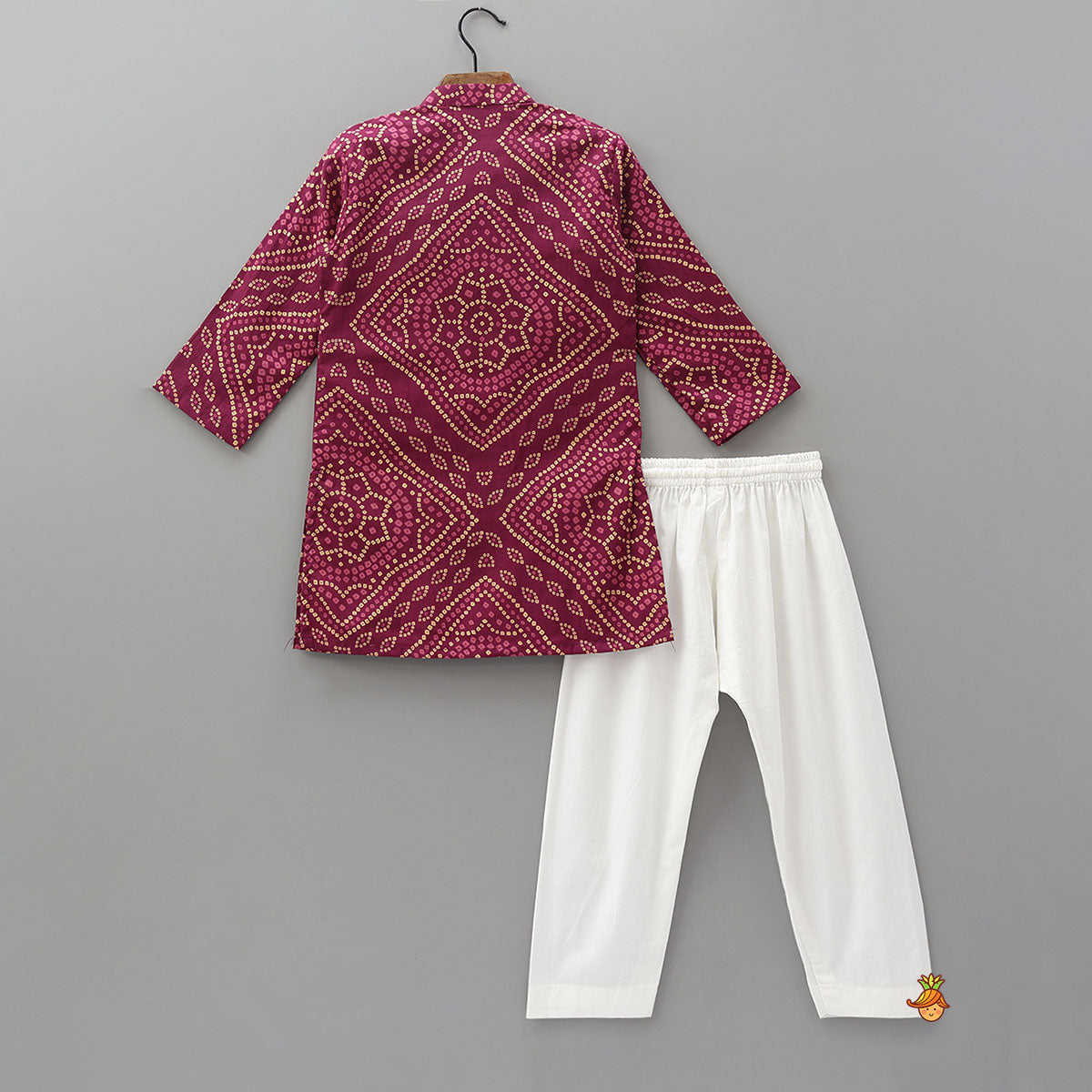 Pre Order: Bandhani Inspired Print Kurta With Attached Asymmetric Jacket And Pyjama