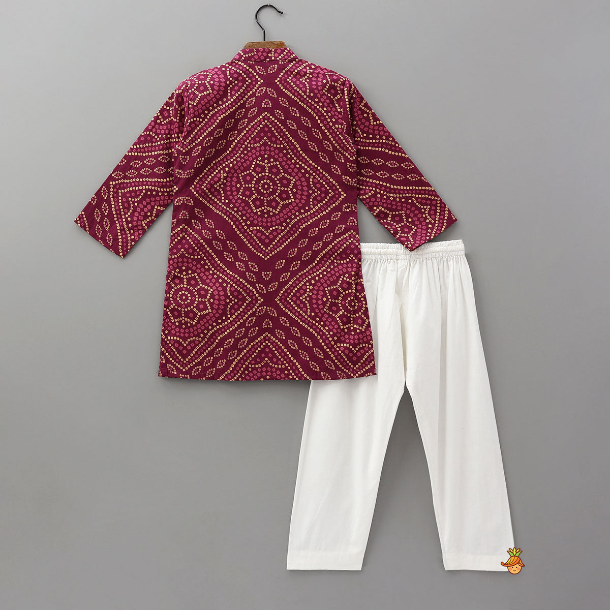 Pre Order: Bandhani Inspired Print Kurta With Attached Asymmetric Jacket And Pyjama