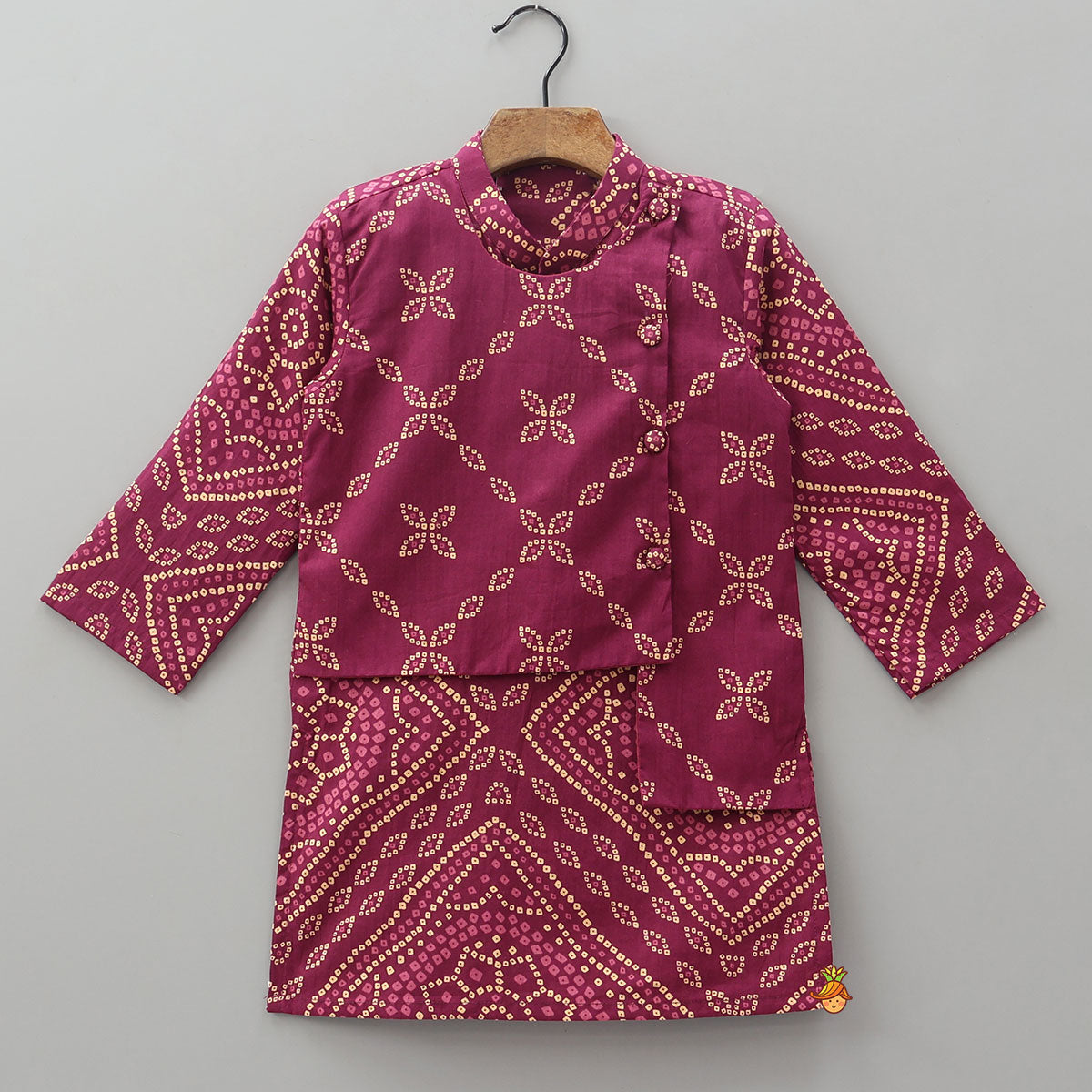 Pre Order: Bandhani Inspired Print Kurta With Attached Asymmetric Jacket And Pyjama