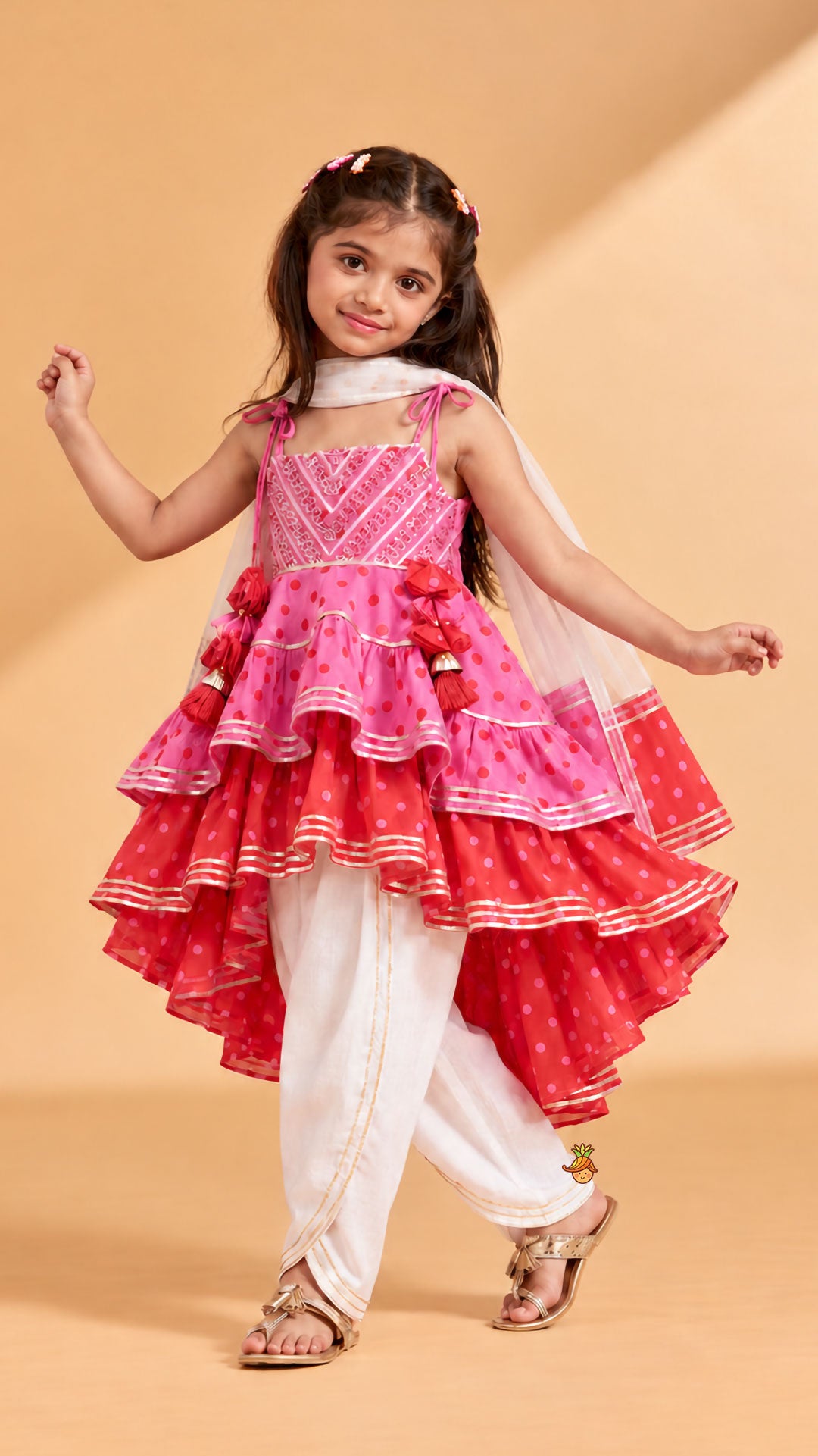Pre Order: High Low Layered Kurti And Dhoti Style Pant With Dupatta