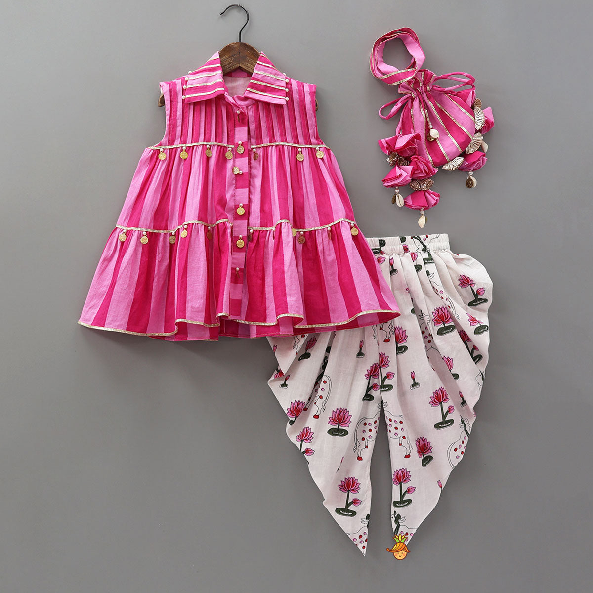 Pre Order: Stripe Printed Kurti With Floral Printed Dhoti And Potli Bag