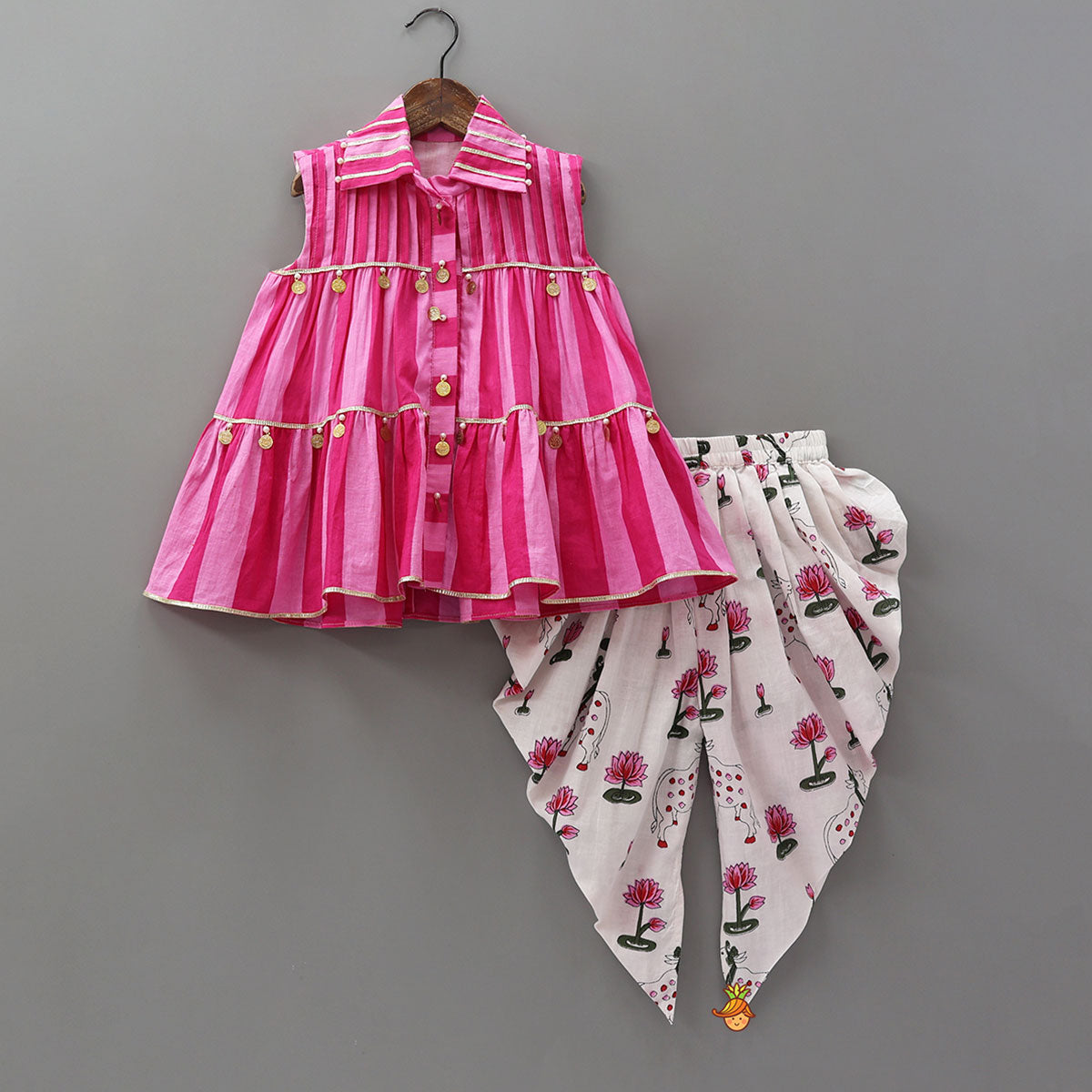 Pre Order: Stripe Printed Kurti With Floral Printed Dhoti And Potli Bag