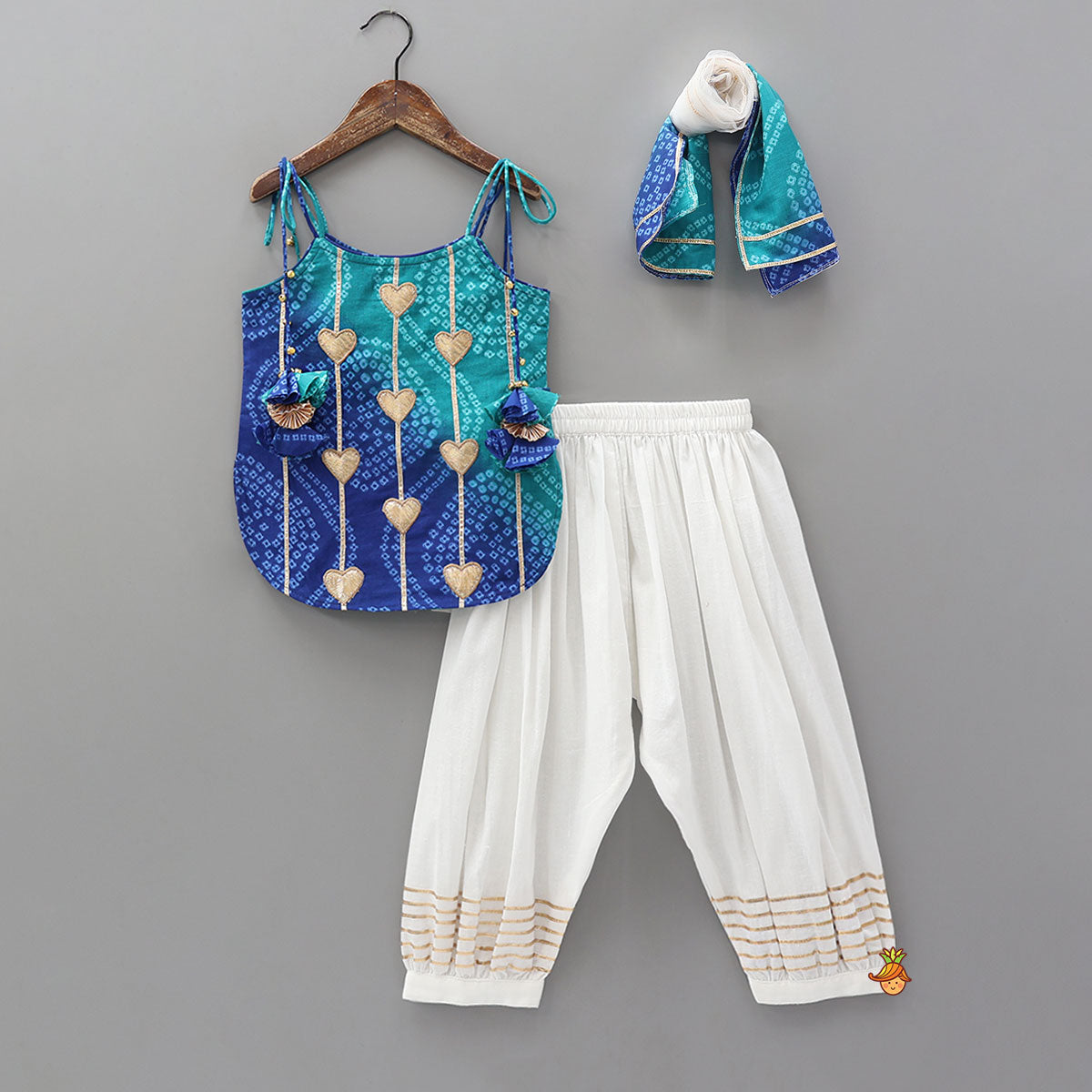 Pre Order: Dual Tone Bandhani Printed Top And Salwar Style Pant With Dupatta
