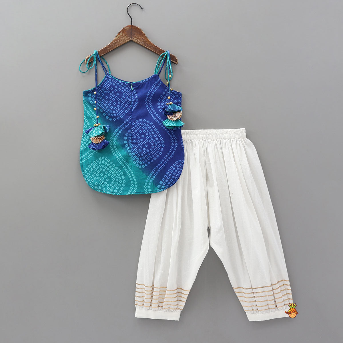 Pre Order: Dual Tone Bandhani Printed Top And Salwar Style Pant With Dupatta