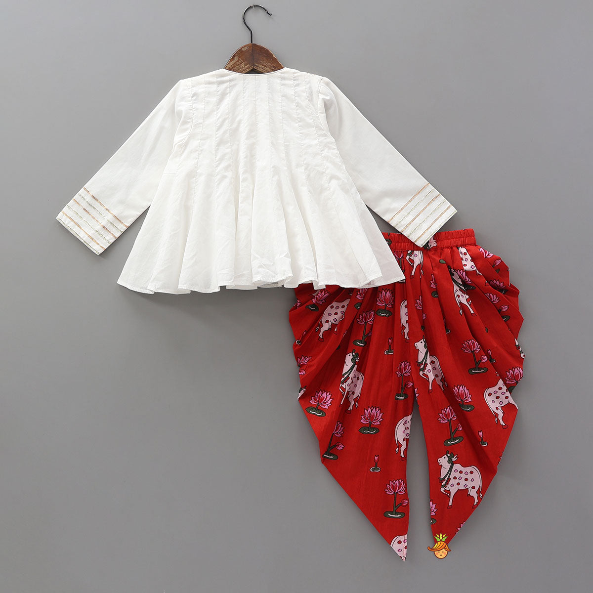 Pre Order: Gota Lace Detailed Flared Kurti With Printed Dhoti And Matching Potli Bag