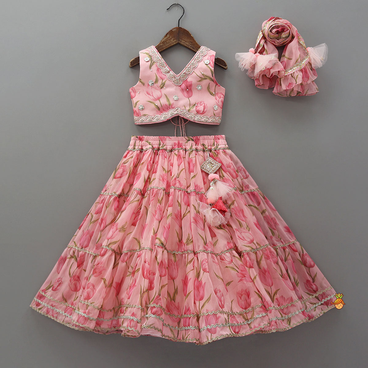 Pre Order: Floral Printed Crop Top And Lehenga With Matching Dupatta
