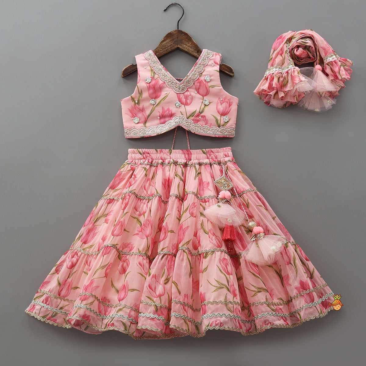 Pre Order: Floral Printed Crop Top And Lehenga With Matching Dupatta