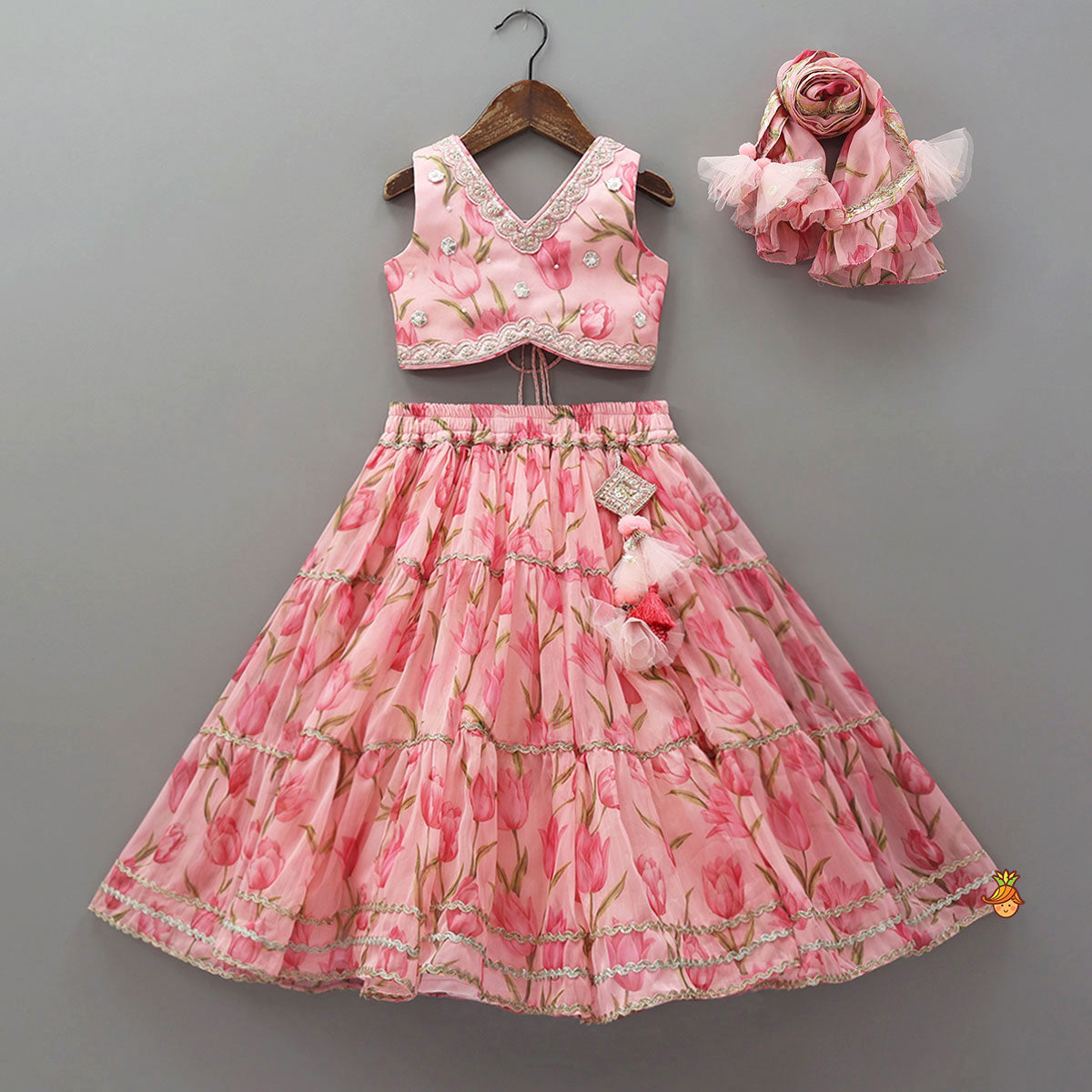 Pre Order: Floral Printed Crop Top And Lehenga With Matching Dupatta